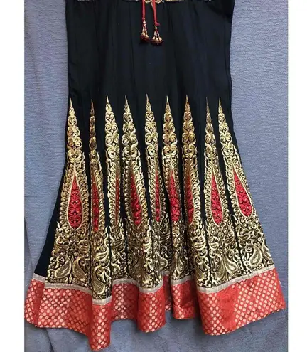 Womens Black Red Gold Anarkali Dress Sleeveless Embroidery Round Neck Size M