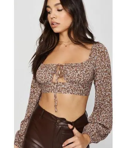 Garage  Ava Tie Front Micro Long Sleeve Top Womens XS Brown Floral Cut Out Boho