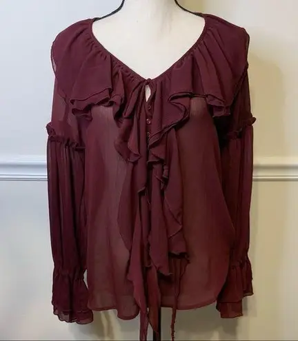 Metro 7 Sheer Boho Ruffle Button Down Blouse S