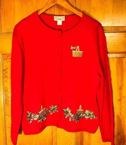 Longaberger  Red Embroidered Baskets & Holly Button cardigan Vtg USA sz XL-EUC - Image 1