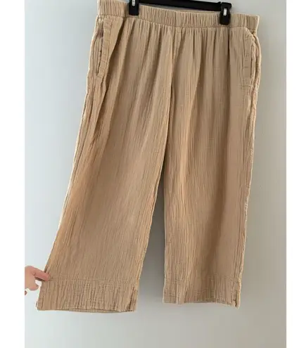Coldwater Creek Wide Leg Gauze Cropped Pants Size Large Tan Lagenlook Beach Vaca