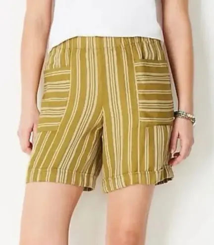 J. Jill Shorts SZ Large Linen Blend Boho Stripe High Rise Cuffed Pull On Pockets Yellow