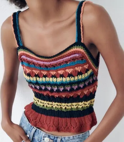 ZARA Multicolor Striped  Crochet Knit Top