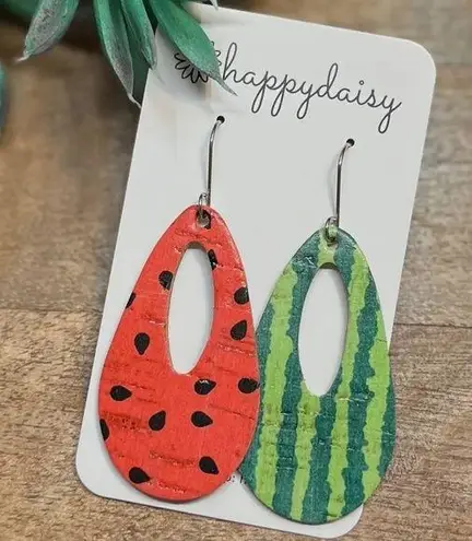 Watermelon print earrings crafted from cork and leather