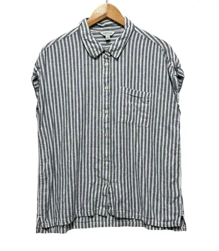 Orvis Womens Linen Blend Button Top L Blue White Striped Coastal Beachy Travel