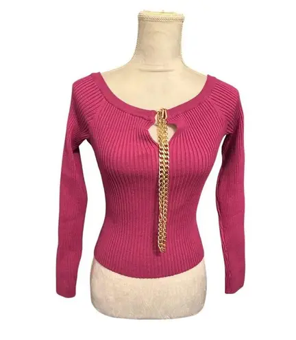 ASTR The Label Philippa Chain Strap Stretchy Sweater Fuchsia Ribbed Chain Sz M Size M