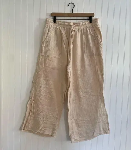 MELISSA NEPTON Summer Pant Pull On Wide Leg Waffle Cotton in Beige Clair Size L Tan Size L