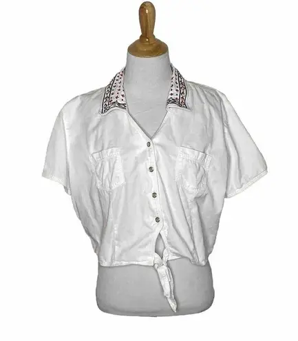 Rhythm Blue Western Embroidered Button Front White Crop Tie Cowgirl Rodeo Sz L