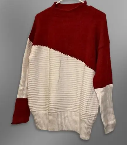 None Ribbed Knit Sweater Crew Neck Durable Fabric Blend Color Block Burgundy/White L