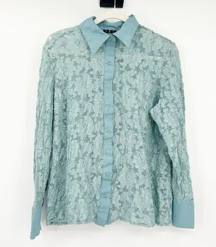 INC International Concepts Womens Y2K Fairycore Sheer Lace Snap Shirt Size 1X Blue