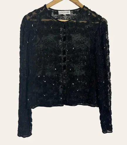 Vintage Cecily Brown Black Floral Sequin Beaded Sheer Mesh Jacket Size Small