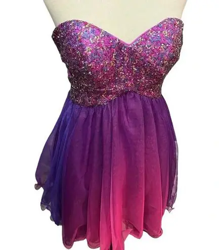 Blondie Nites sequin strapless ruffle mini dress purple ombré with side cut outs