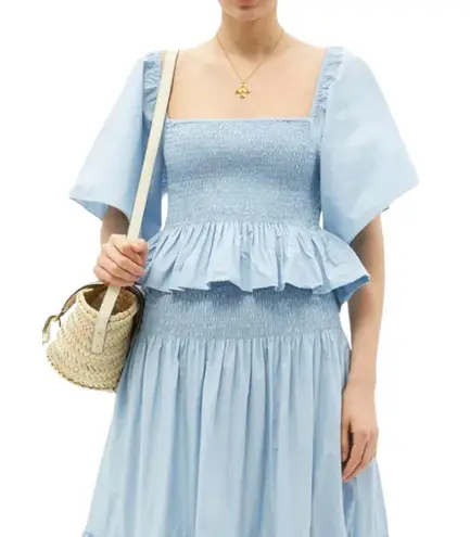 RHODE Elena Shirred Cotton Poplin Top Peplum Ruffle Hem Light Blue Size Small