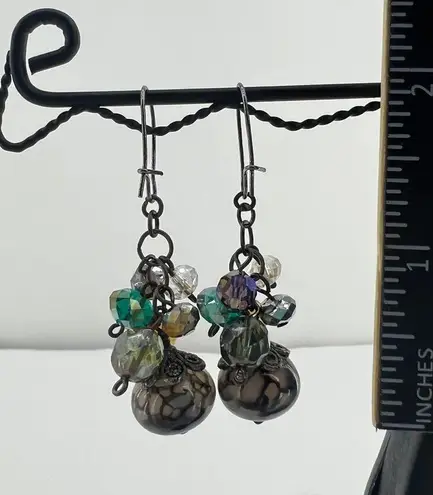 Smoke Gray Dragon's Blood Agate & Crystal Drop Earrings on Gunmetal Kidney Wires