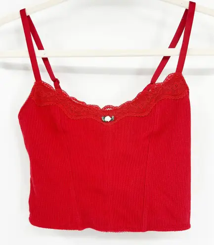 Colsie Womens Red Waffle Knit Lace Trimmed Cami Crop Top Corset Style Y2K XS