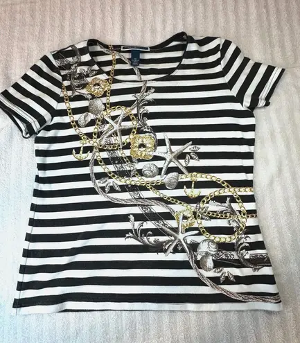 Karen Scott Womens M Striped Nautical Tee Black White Chain Print Short Sleeve