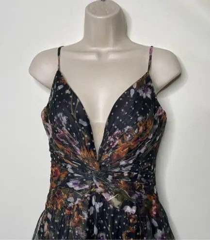 Marchesa Notte Dot Tiered Tulle Fliral Midi Dress sz 2 Black