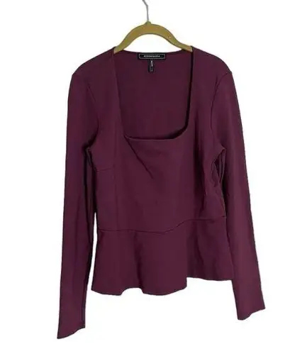 BCBGMAXAZRIA  Purple Plum Square Neckline Long Sleeve Mini Peplum Blouse Large