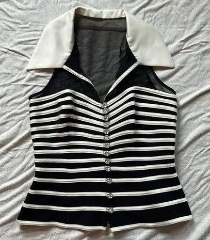 JS Collections Black Cream Collared Sleeveless Formal Blouse Size 4