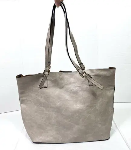 Taupe Grey Faux Leather Large Tote Shoulder Handbag Gray
