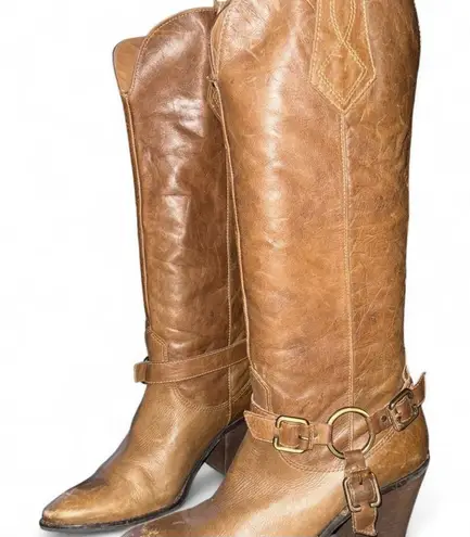 White Mountain Vintage Cowboy Boots Distressed Brown Leather Buckles Knee High Heel Woman's 10