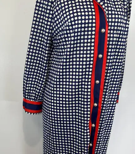 Vintage 60s 70s Cay Artley Shirt Dress Polka Dot Navy Blue Nautical Retro Size L