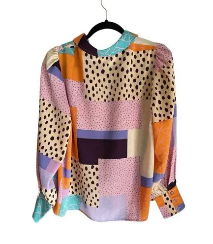 FATE. Multicolor Abstract Patchwork Long Puff Sleeve Ruffle Keyhole Blouse Size M