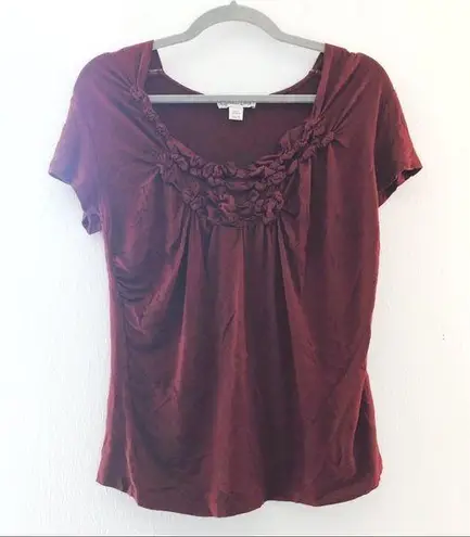 Coldwater Creek Top Maroon Ruffle Front Scoop Neck Short Sleeve Sz S EUC