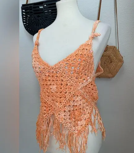 Crochet Woven Fringe Vest, Festival Wear, Boho Orange Size M
