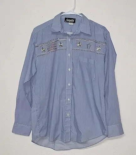 Vintage Western cowgirl blouse medium long sleeve pin stripe Americana top Blue