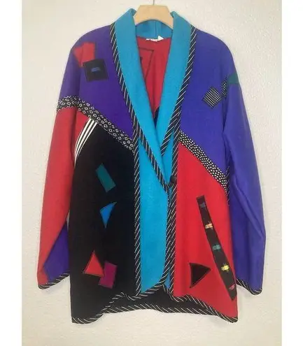 Vintage 90s Wool Color Block Coat L/XL Pop Wearable Art Geometric Pockets Bright Size L