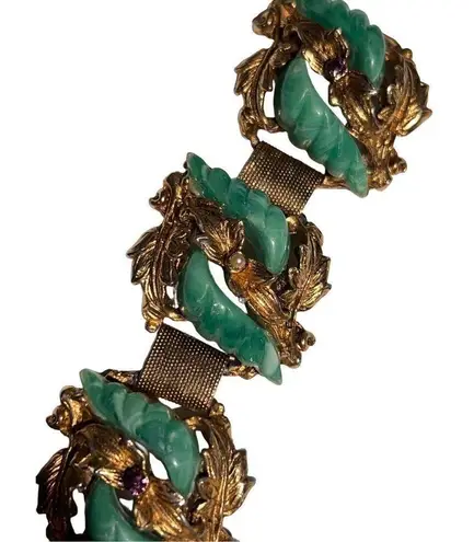 True Vtg 1960s Green & Gold Fold Over Clasp Women’s Designer Costume Bracelet