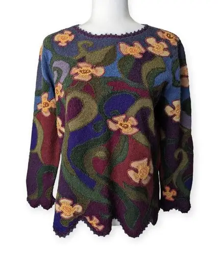 Peruvian Connection Purple Crewneck Floral Alpaca Sweater Fun Funky Art-Wear