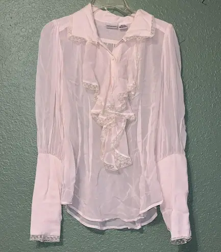 Vintage Elegant Cream Ruffle and Lace Modest Blouse Size 10