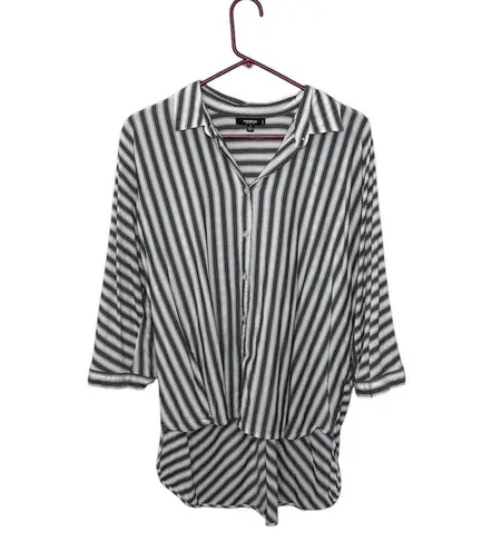 Premise Studio White Stripe Blouse Button Roll Tab Sleeve High Low Hem Sz 1X