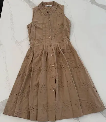 Boden Sleeveless Eyelet Button Front Cottagecore Midi Dress Womens 2R Tan Preppy Size 2