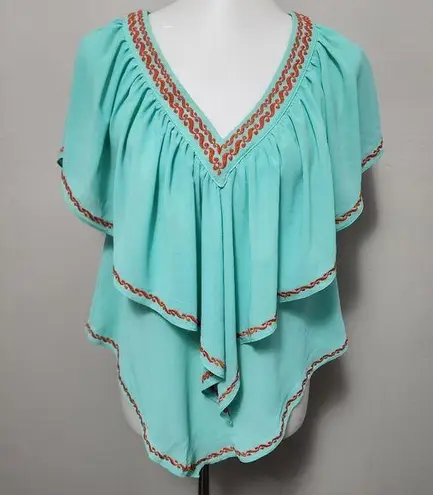 C. Luce Turquoise & Orange Ruffle Overlay Embroidered Vneck Blouse Size Small