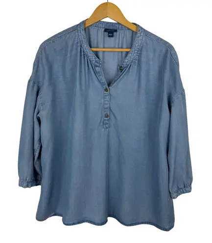 J Jill Denim Womens Tencel Lyocell Button Up Top Sz L Blue Flowy Lightweight Size L