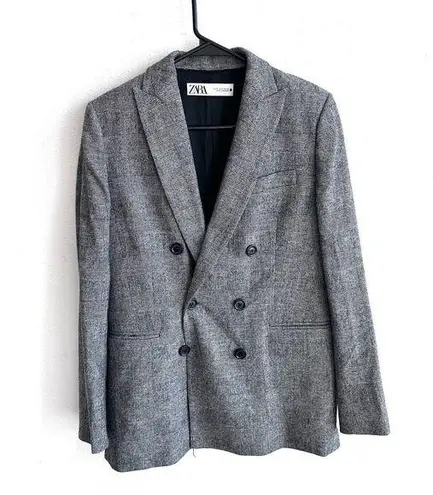 ZARA  Women Blazer Size Small Gray Plaid Double-Breasted Pea Coat Academia Preppy