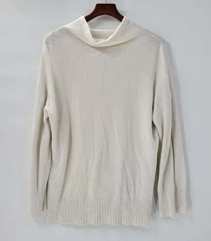 T by Talbots Womens Sweater Large Ivory Drawstring Cowlneck Waffle Knit Pullover White