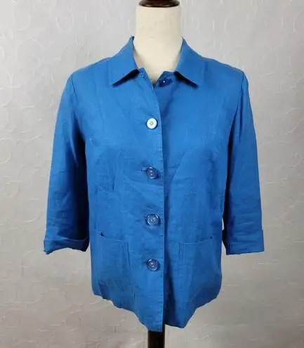 JM Collection Womens Linen Jacket 4 Petite Blue Button Front Pockets 3/4 Sleeve