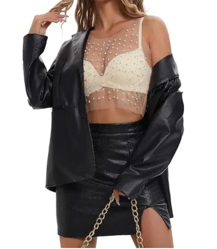 Love j Crewneck Sleveless Pearl & Rhinestone Sheer Ivory Mesh Crop Tank Top