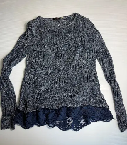Fly London FYLO London Blue Knit Sweater with Lace Trim Long Sleeve Pullover Top - Image 1