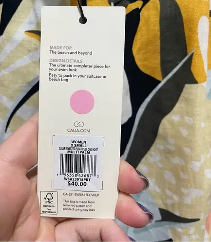 Calia Inverter Pleat Pull On Shorts Linen Multicolored Palm High Rise Size XS Pink