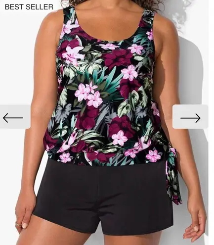Fullfitall - Wine Pink Flower Side Tie Blouson Tankini