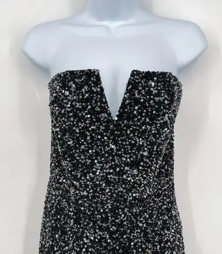 Retrofête Retrofete Omer Sequin Mini Dress Strapless Asymmetrical Gunmetal Black V-Neck