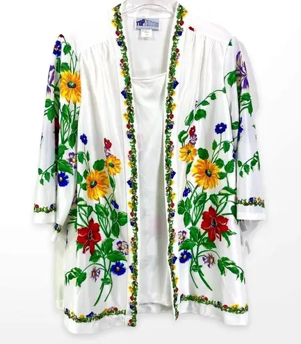90s TOP NOTCH Vintage White Floral Shirt Jacket Blouse Size 14