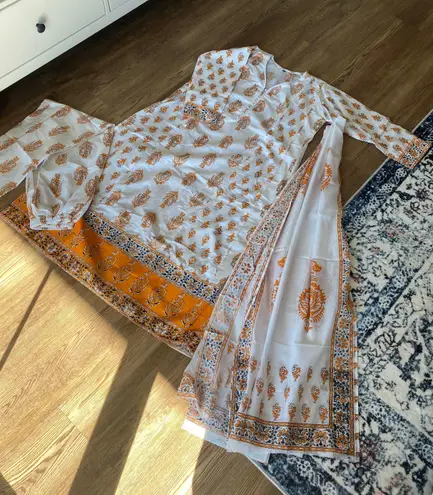 Indian Designer Kurta Palazzo Dupatta Set Women Salwar Kameez Ready To Wear Suit Gold Size XL