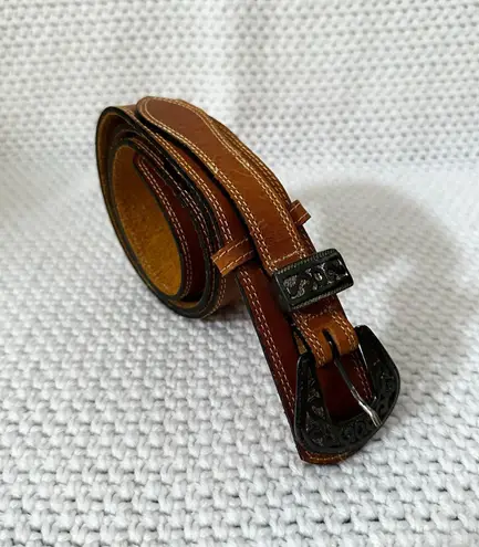 First Issue Vintage Tan Leather Western Silver Buckle Boho Wrap Slim Belt Large Brown