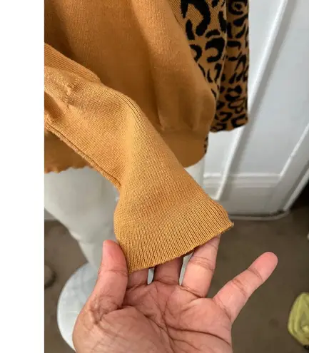 Leopard print turtleneck sweater pullover with side cutout cold shoulder large Brown